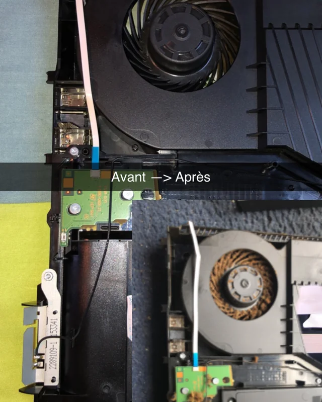 Nettoyage avant / après d'une console PS4 fortement encrassée